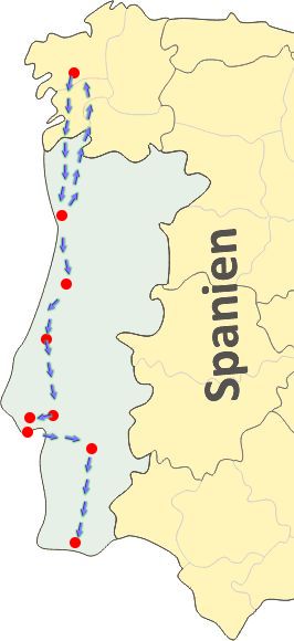 Karte zur Bus-Rundreise Portugal - Von Porto bis zur Algarve